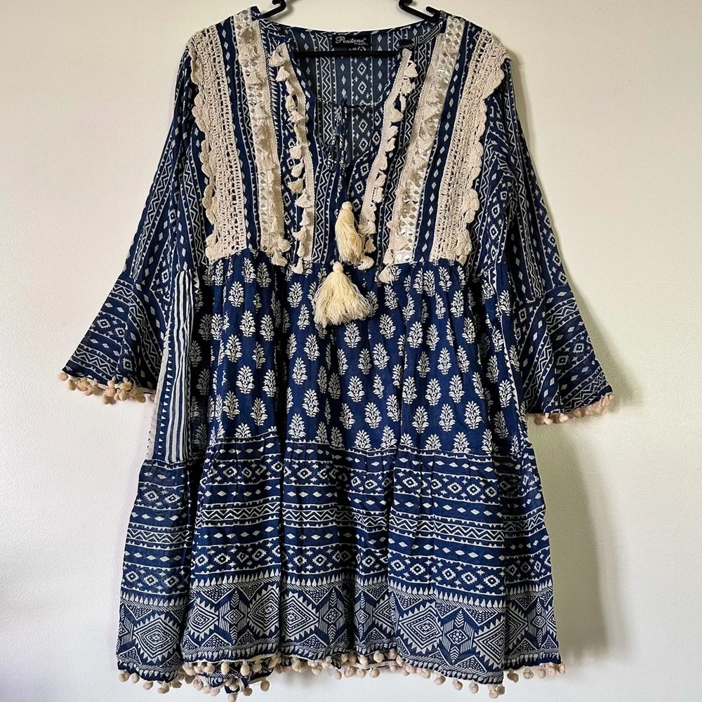 Blue Boho Chic Block Mix Match Print Tiered Mini Dress, Ties and Tassels/AU12 - Picture 1 of 7